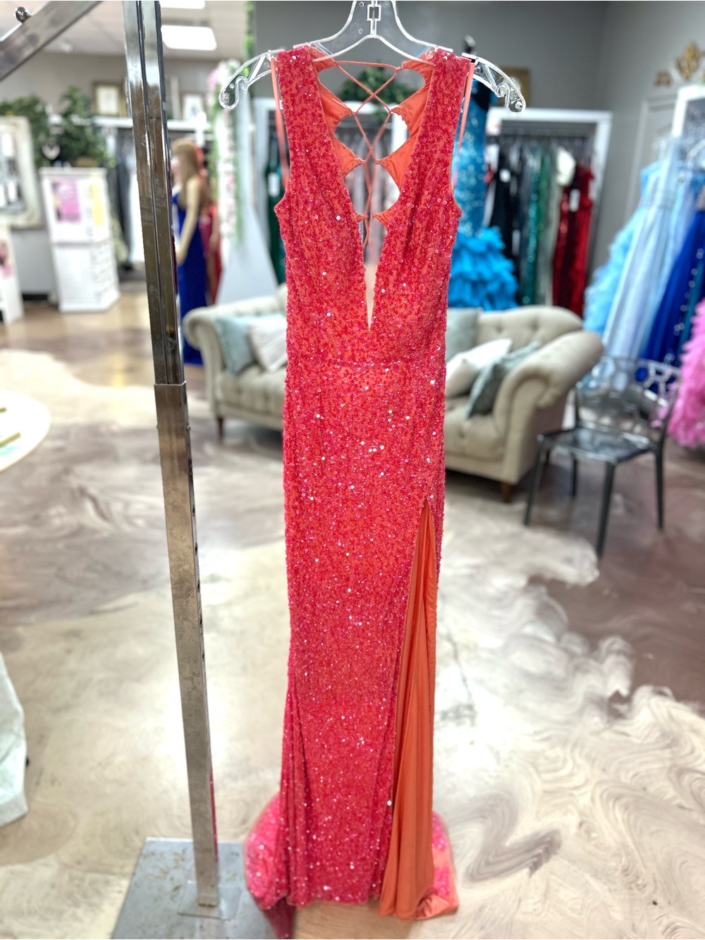Sequined Coral Red Prom Dress with Plunging Back